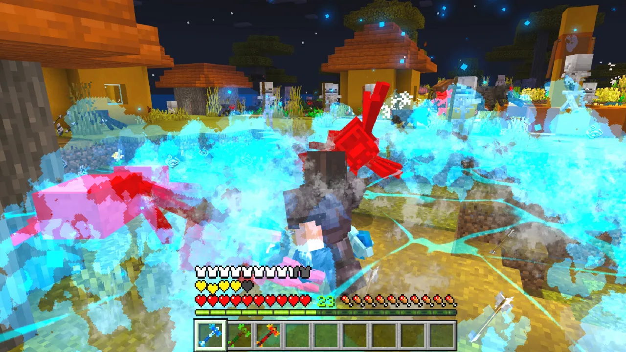 Player attacking a mob surrounded by cyan smoke effects at night in the Weapons Evolve Minecraft Bedrock add-on