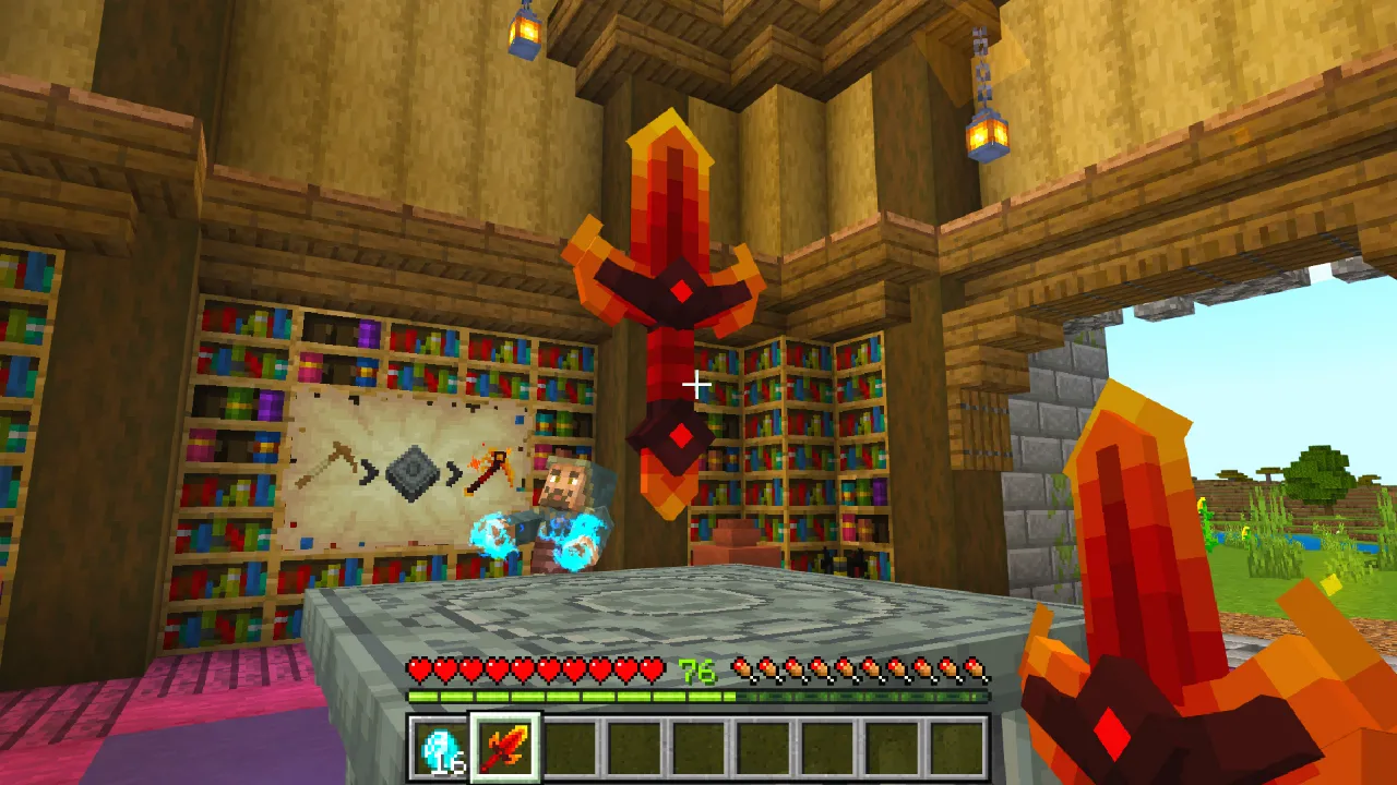 Red horn-shaped weapon displayed on an altar in a nether-themed bookshelf room in the Weapons Evolve Minecraft Bedrock add-on