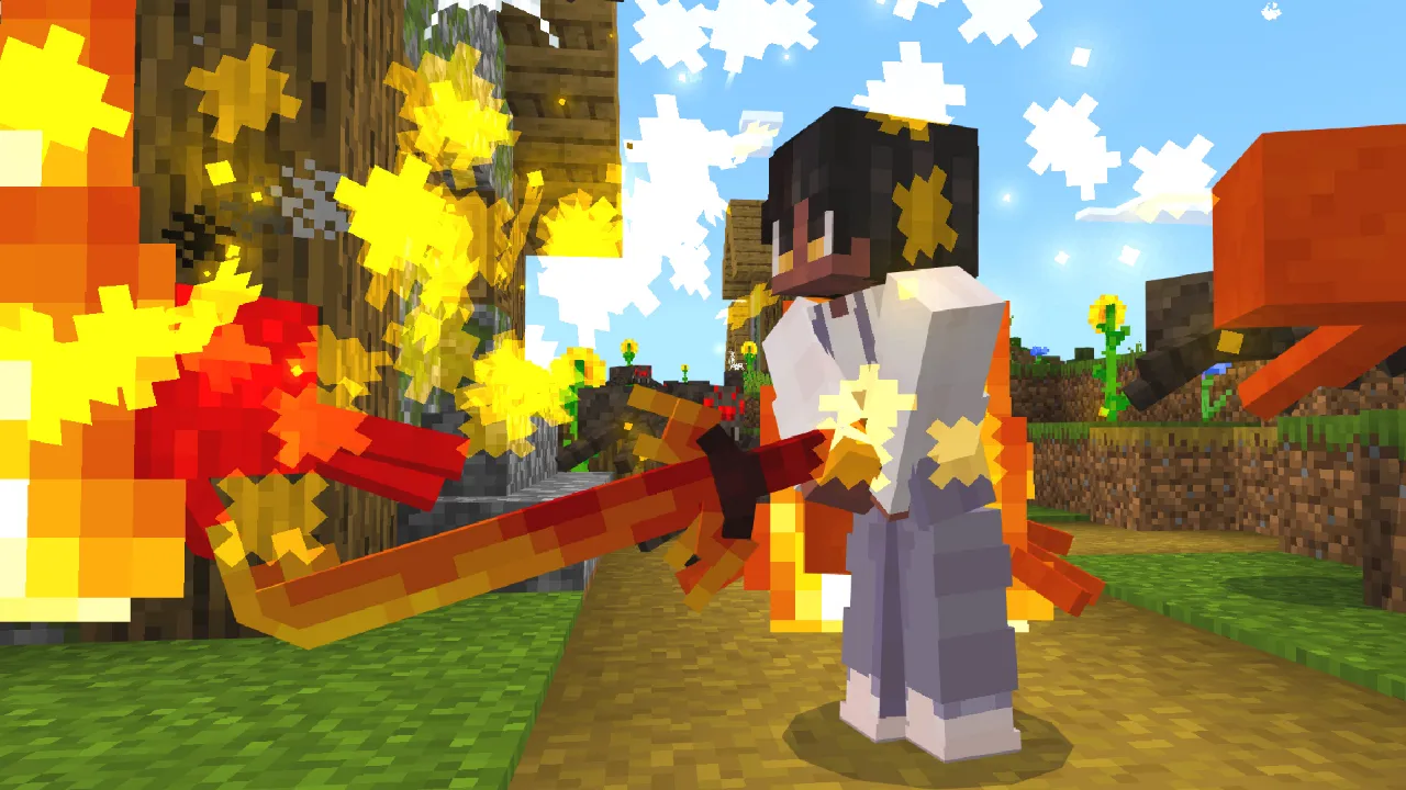 Player holding a glowing yellow star-shaped weapon amid autumn leaves and fire effects in the Weapons Evolve Minecraft Bedrock add-on