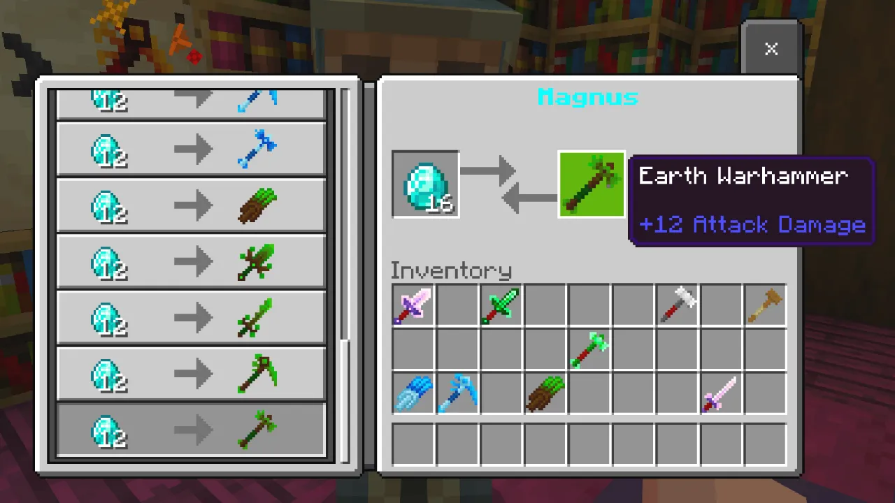 Item info panel for the Earth Warhammer showing +12 attack damage in an inventory exchange interface in the Weapons Evolve Minecraft Bedrock add-on