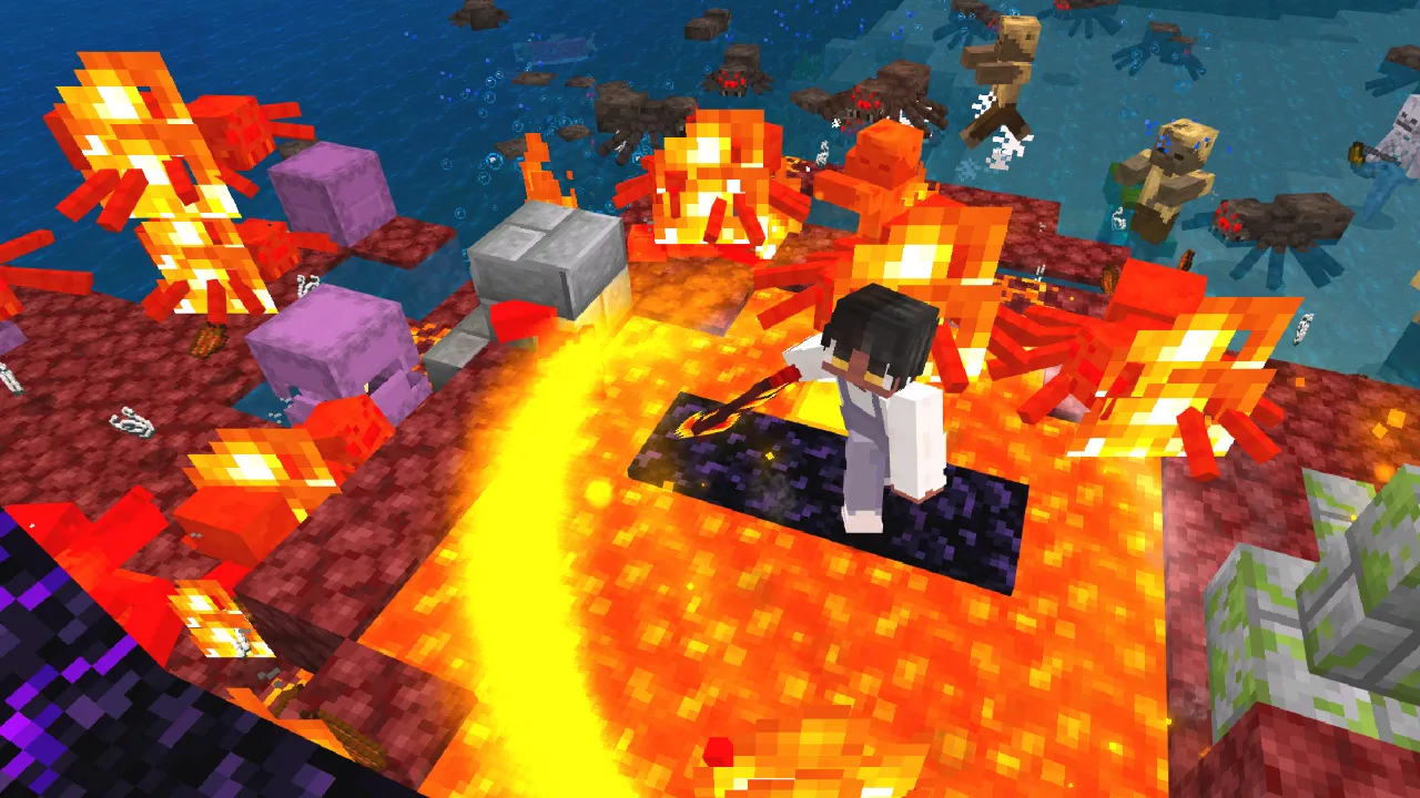 Player standing on an obsidian platform surrounded by fire and lava in a nether-like environment in the Weapons Evolve Minecraft Bedrock add-on