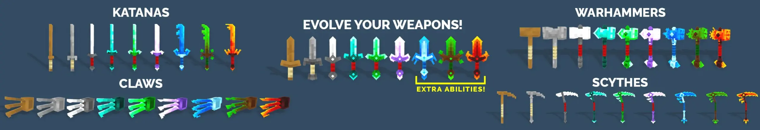 Banner showing weapon evolution stages and unique weapon icons in the Weapons Evolve Minecraft Bedrock add-on