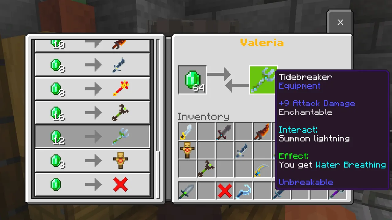 Item info panel for the Tidebreaker showing an interact ability to summon lightning and an effect that grants nearby mobs water breathing within a 7-block radius in the Weapons Expansion Minecraft Bedrock add-on