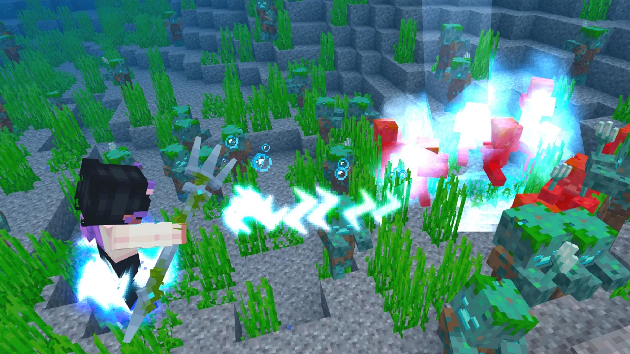 Player underwater in a cave surrounded by a glowing white and cyan lightning effect striking nearby mobs in the Weapons Expansion Minecraft Bedrock add-on