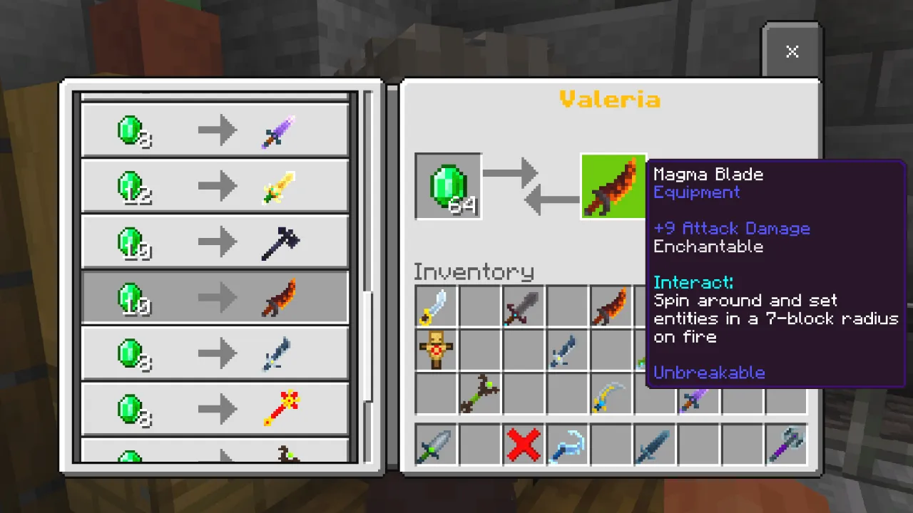 Item info panel for the Flame Blade showing an interact ability that sets nearby entities on fire within a 7-block radius in the Weapons Expansion Minecraft Bedrock add-on