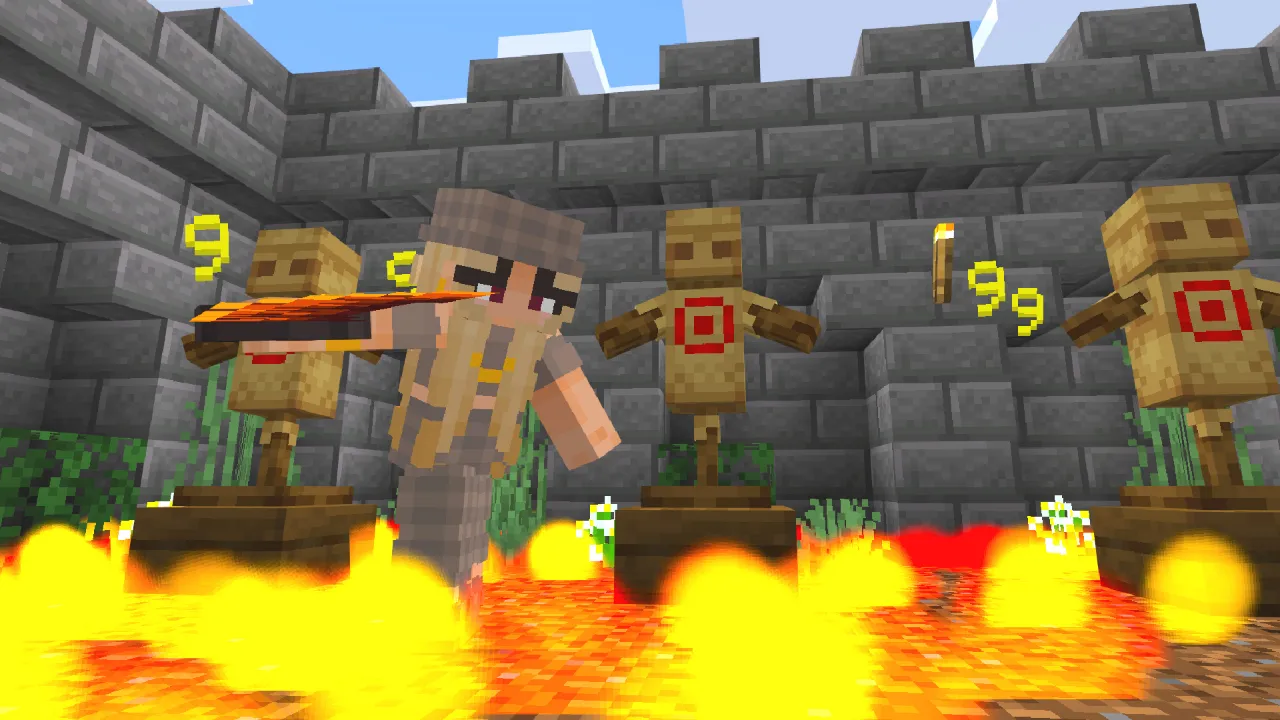 Player fighting golems near a lava pool with flames rising around them in the Weapons Expansion Minecraft Bedrock add-on