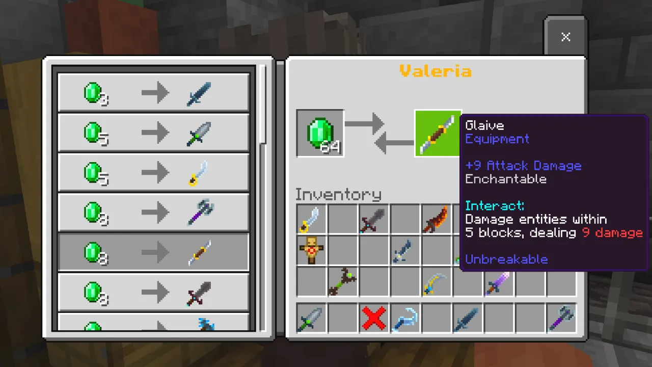 Item info panel for a green Valeria weapon showing its interact ability to damage nearby entities with a cooldown in the Weapons Expansion Minecraft Bedrock add-on