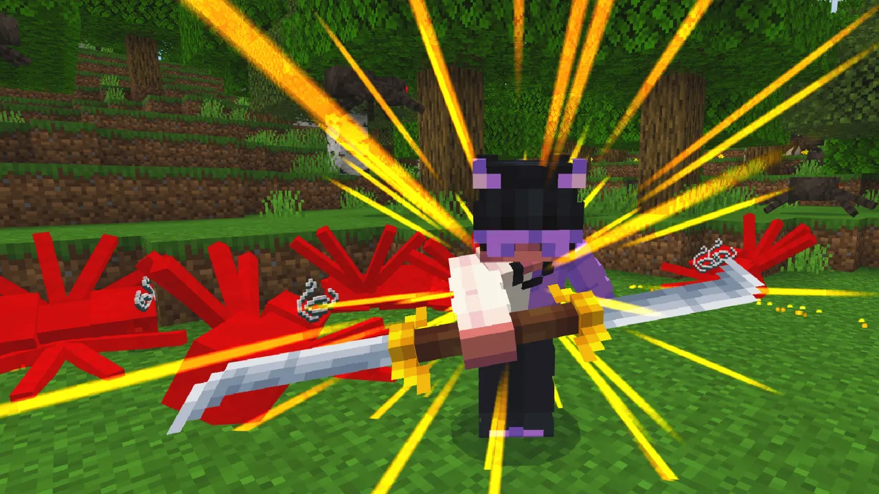 Player triggering a bright yellow explosion effect while fighting in a grassy area in the Weapons Expansion Minecraft Bedrock add-on