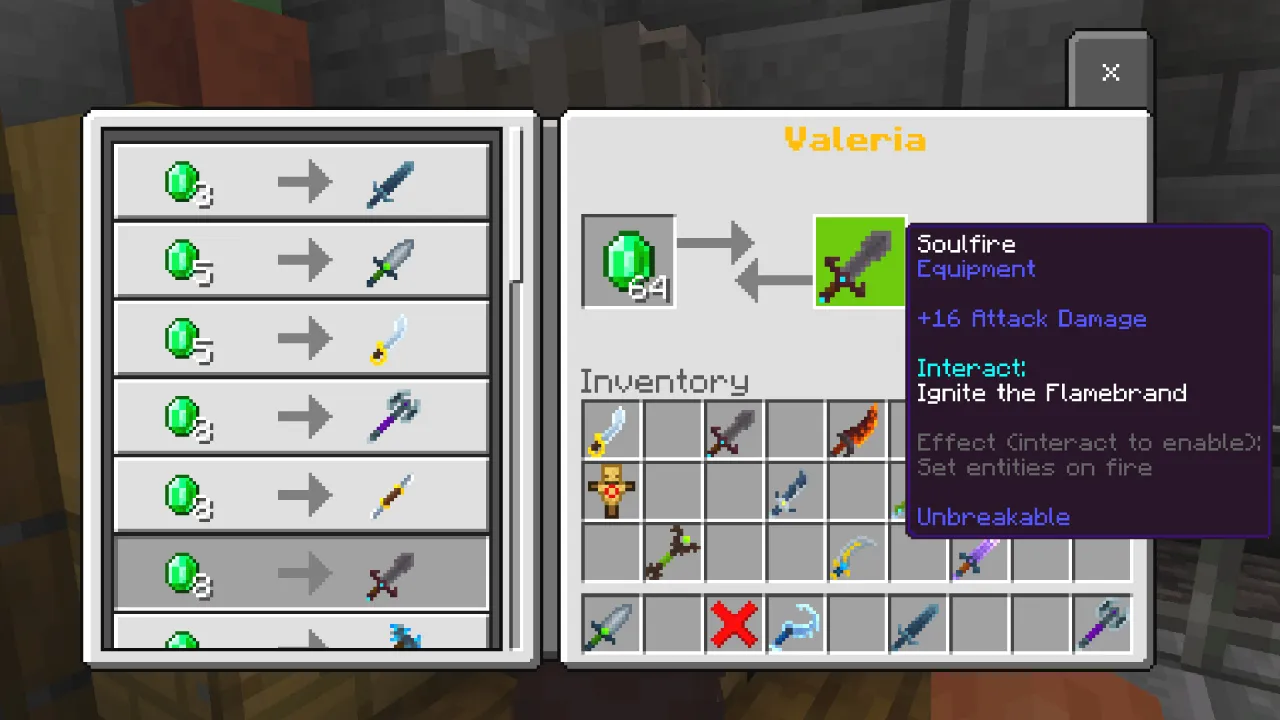 Item info panel for a green Valeria weapon showing an interact ability to ignite flammable entities with a detonation effect on a cooldown in the Weapons Expansion Minecraft Bedrock add-on