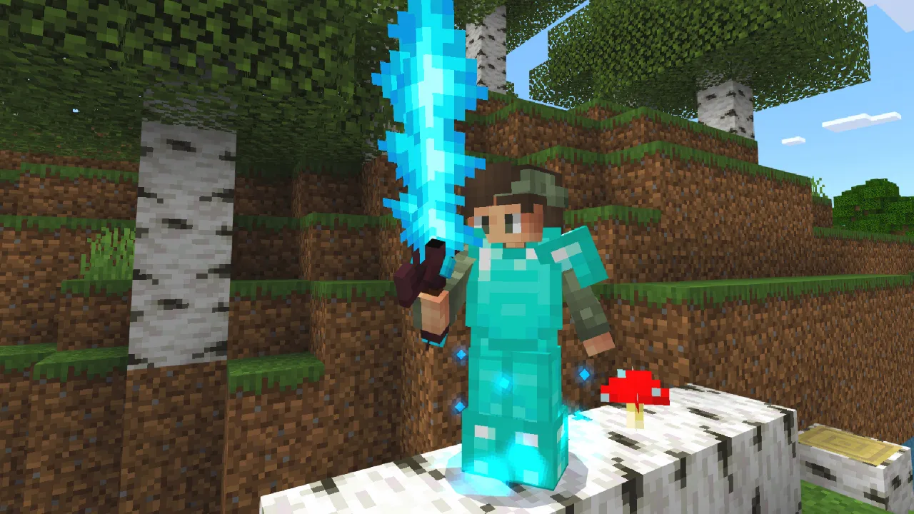 Player standing on a tree surrounded by a glowing cyan light effect in the Weapons Expansion Minecraft Bedrock add-on