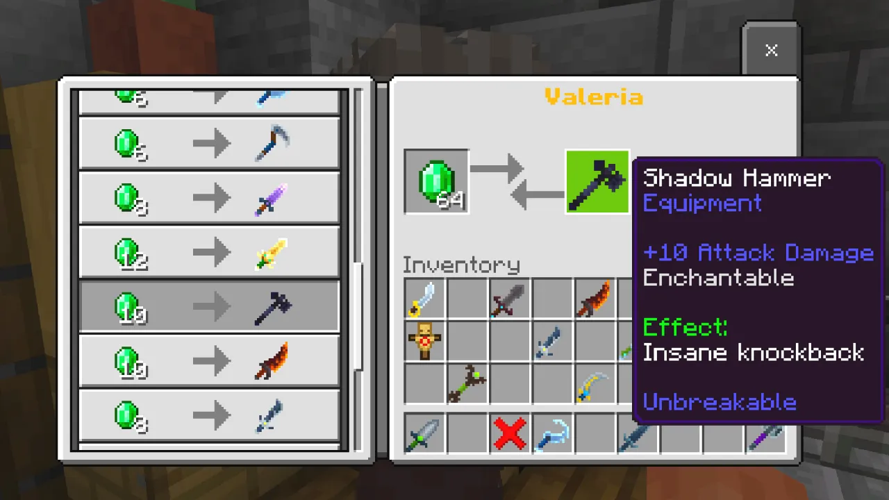 Item info panel for the Shadow Reaper showing an insane knockback effect and unbreakable enchantment in the Weapons Expansion Minecraft Bedrock add-on