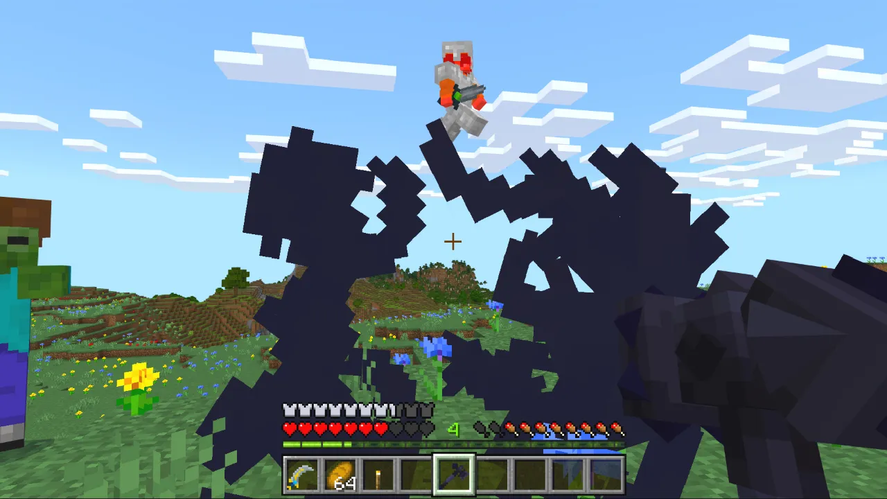 Player facing two dark silhouetted giant mobs in a grassy field in the Weapons Expansion Minecraft Bedrock add-on