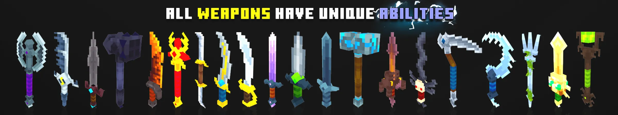 Banner displaying icons of all weapons, each labeled as having a unique ability in the Weapons Expansion Minecraft Bedrock add-on