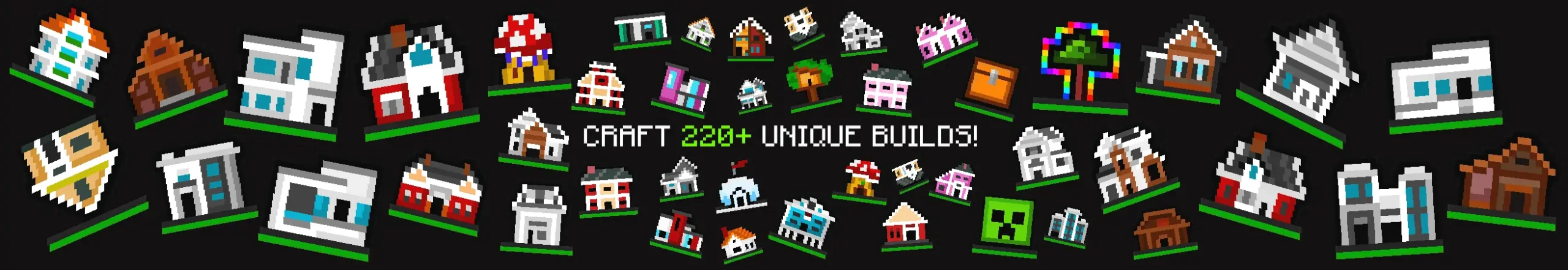 Promotional banner showing over 220 unique craftable builds in Minecraft Bedrock.
