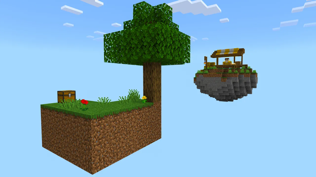 Small floating grass island with a tree and a smaller floating island with a bench visible in the background in the Skyblock + Islands Minecraft Bedrock add-on