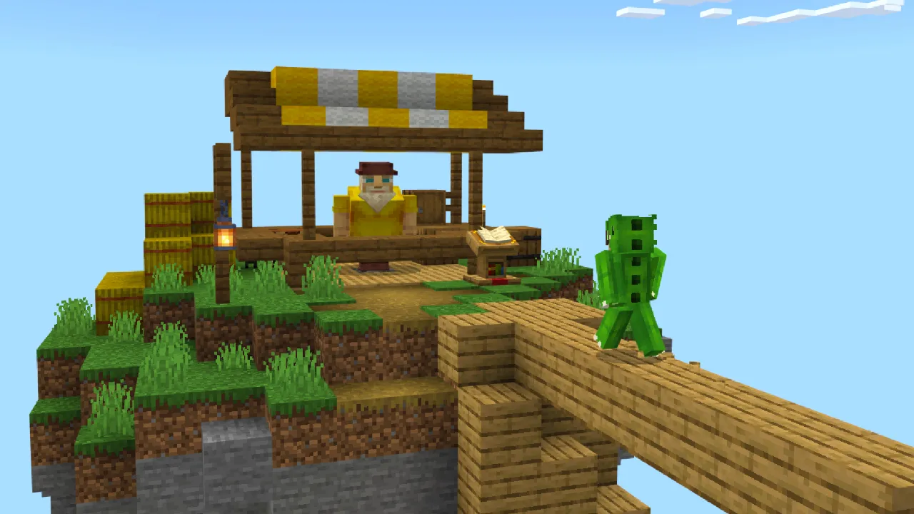 Player standing near a striped market stall on a grassy floating island with cacti and trees in the Skyblock + Islands Minecraft Bedrock add-on