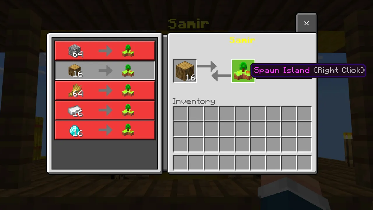 Item info panel for a Green Island Flight Cloak shown in an inventory exchange interface in the Skyblock + Islands Minecraft Bedrock add-on