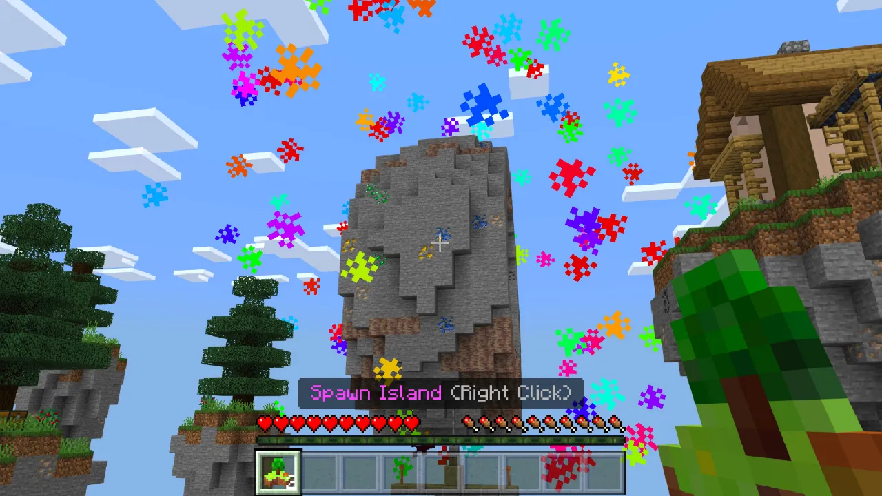 Floating stone monument surrounded by colorful particle effects and trees on a sky island in the Skyblock + Islands Minecraft Bedrock add-on