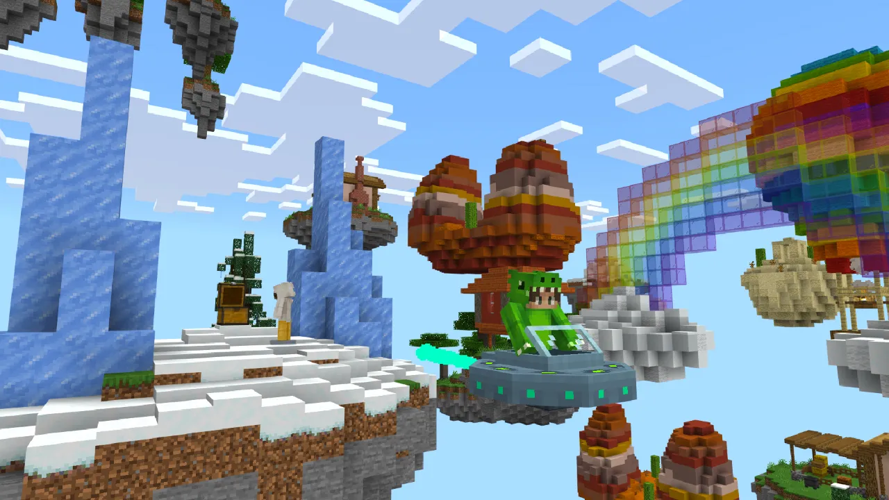Floating islands with a rainbow arc, snow and autumn trees in a sky biome in the Skyblock + Islands Minecraft Bedrock add-on