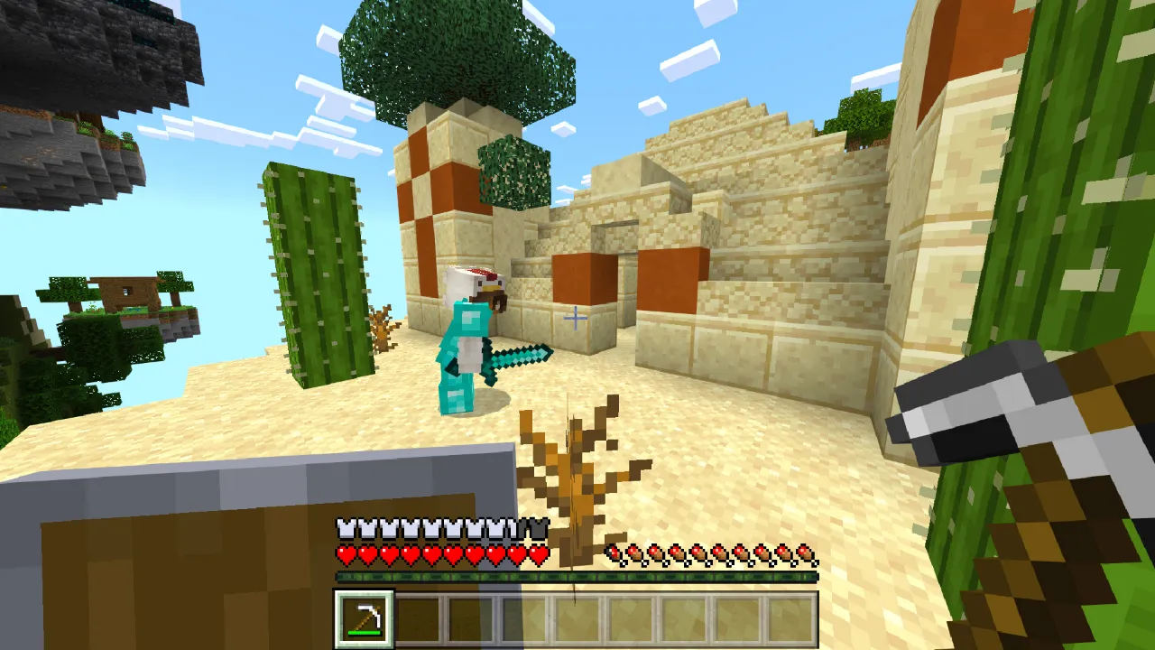 Player standing near a sandy island with cacti, a pickaxe icon and a deer nearby in the Skyblock + Islands Minecraft Bedrock add-on