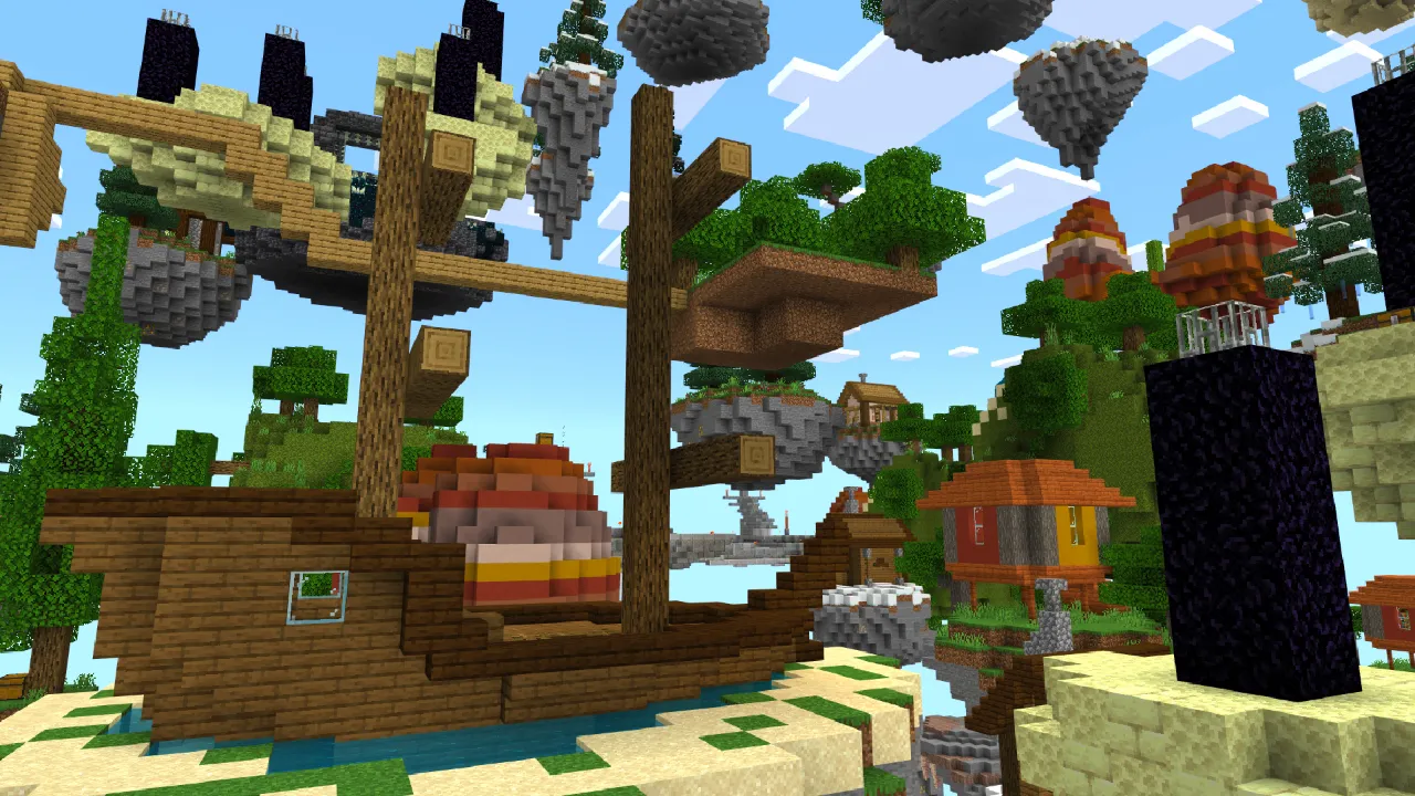 Wooden pirate ship floating near sky islands with trees and market stalls in the Skyblock + Islands Minecraft Bedrock add-on