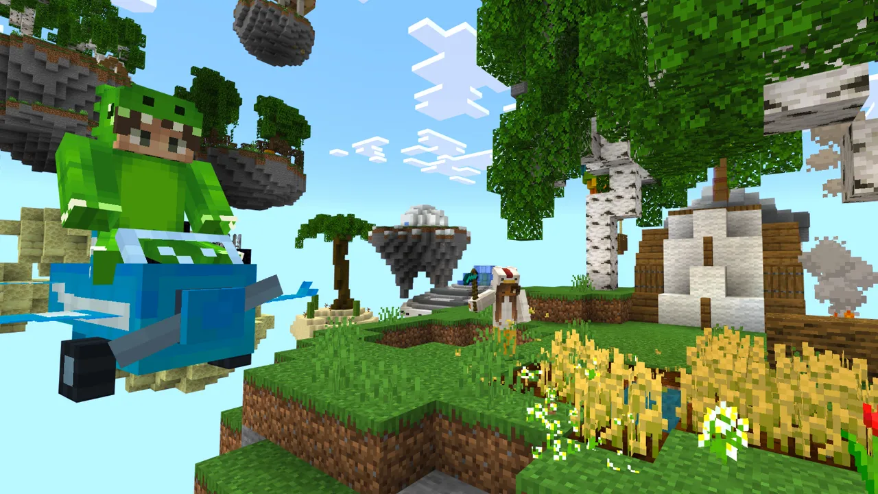 Player near a green cow and wheat field on a floating island with trees and buildings in the background in the Skyblock + Islands Minecraft Bedrock add-on