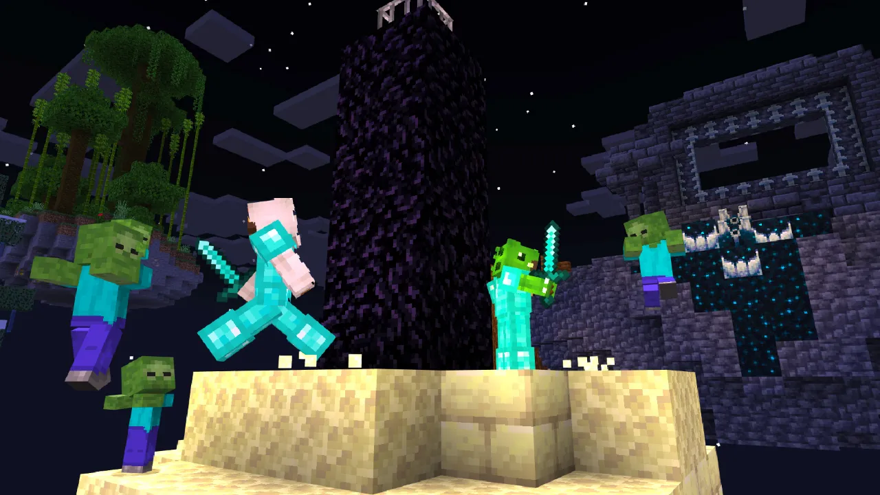 Players standing on a sandy floating island at night surrounded by zombies and skeletons in the Skyblock + Islands Minecraft Bedrock add-on
