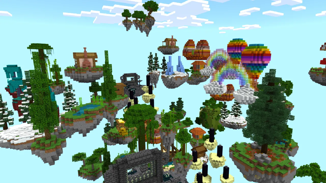 Aerial view of multiple floating islands featuring trees, snow, a rainbow arc and colorful decorations in the Skyblock + Islands Minecraft Bedrock add-on