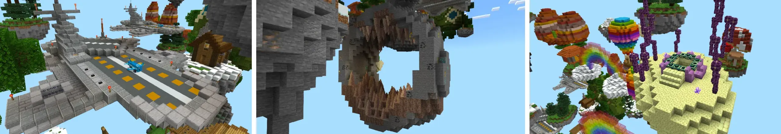 Collage of three scenes showing floating islands with a ship, a rainbow structure and colorful terrain in the Skyblock + Islands Minecraft Bedrock add-on