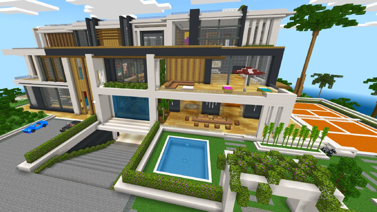 Modern mansion exterior with a swimming pool, palm trees and lounge chairs in Minecraft Bedrock.