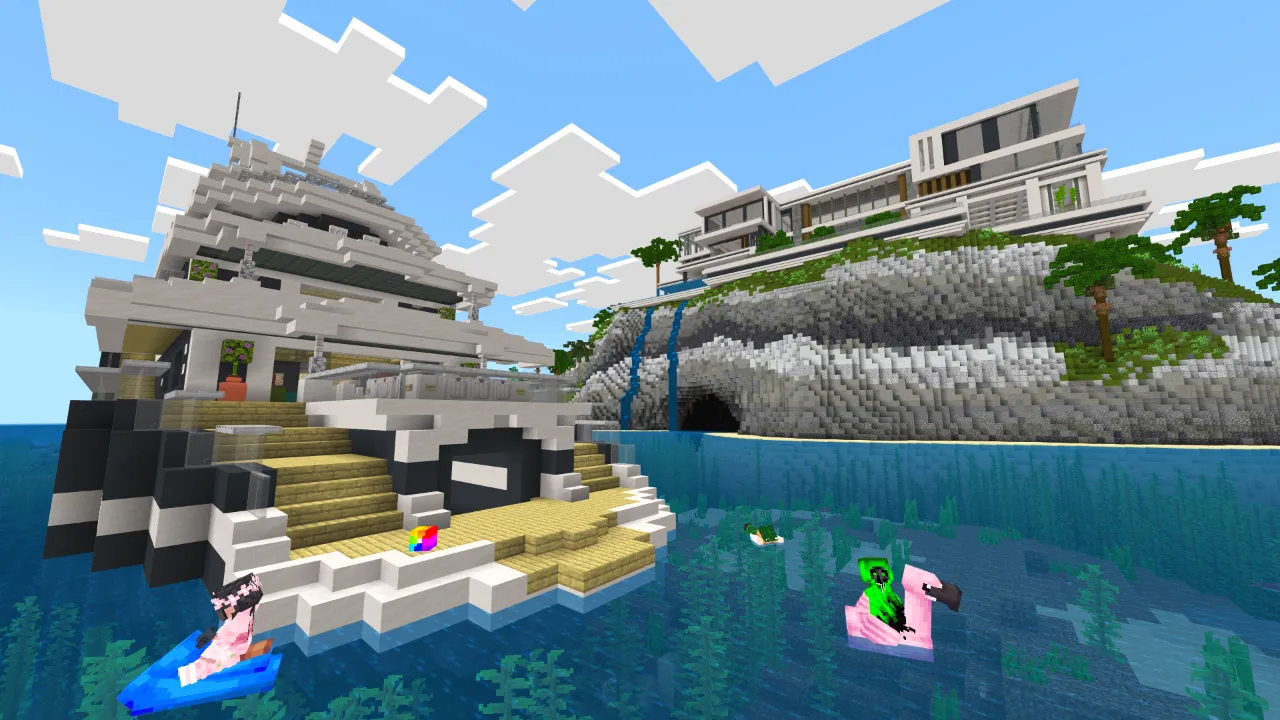 Yacht docked near a coastal mansion with flamingo floats in the water in Minecraft Bedrock.