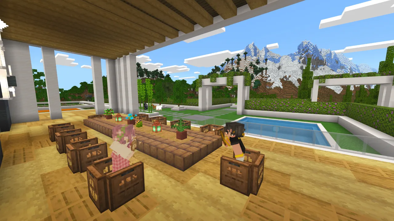 Outdoor dining area under a pergola next to the pool in Minecraft Bedrock.