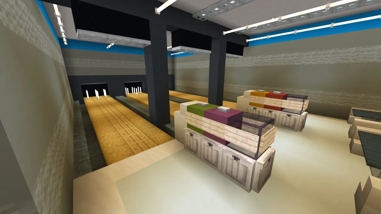 Home theater interior with piano-style seating and blue ambient lighting in Minecraft Bedrock.
