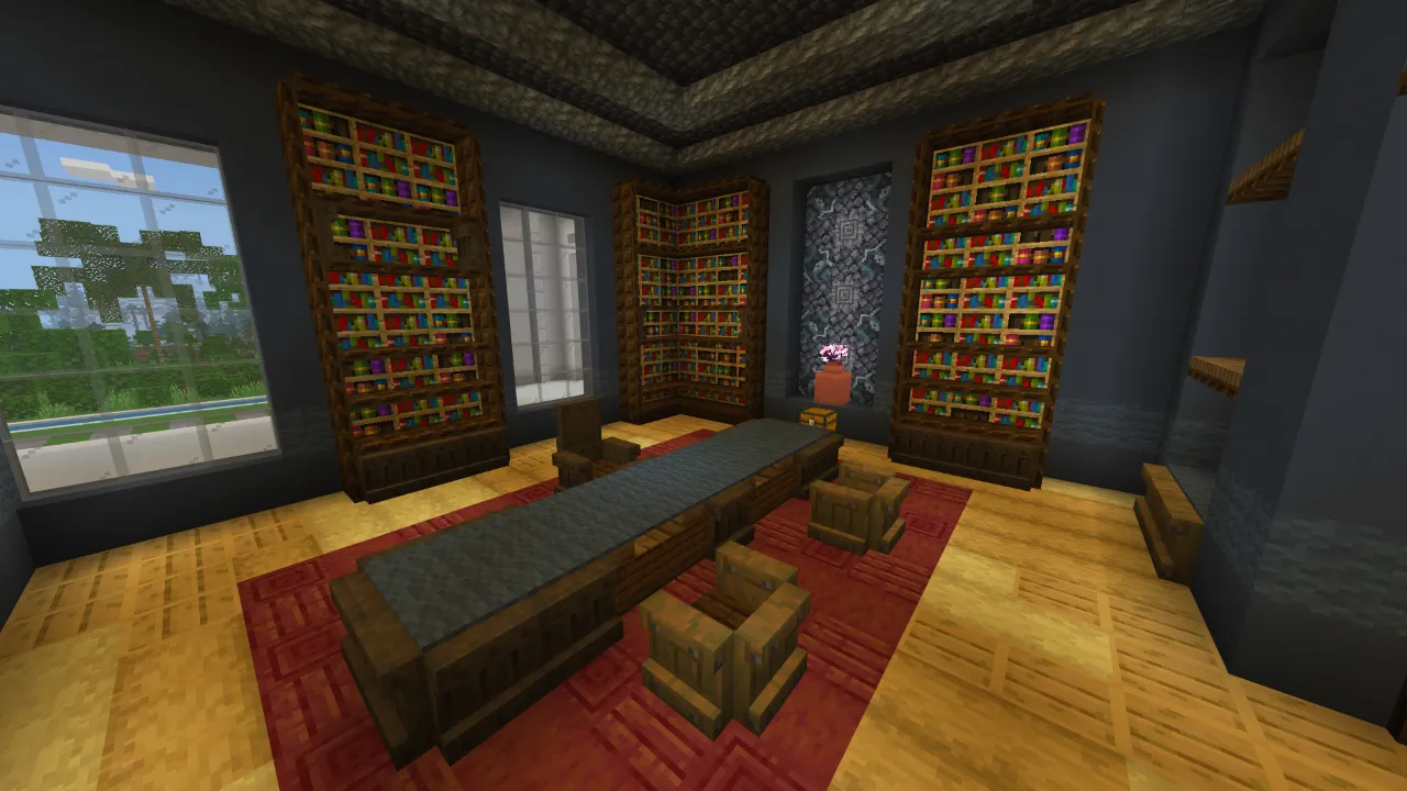 Living room with bookshelves, a red rug and large windows in Minecraft Bedrock.