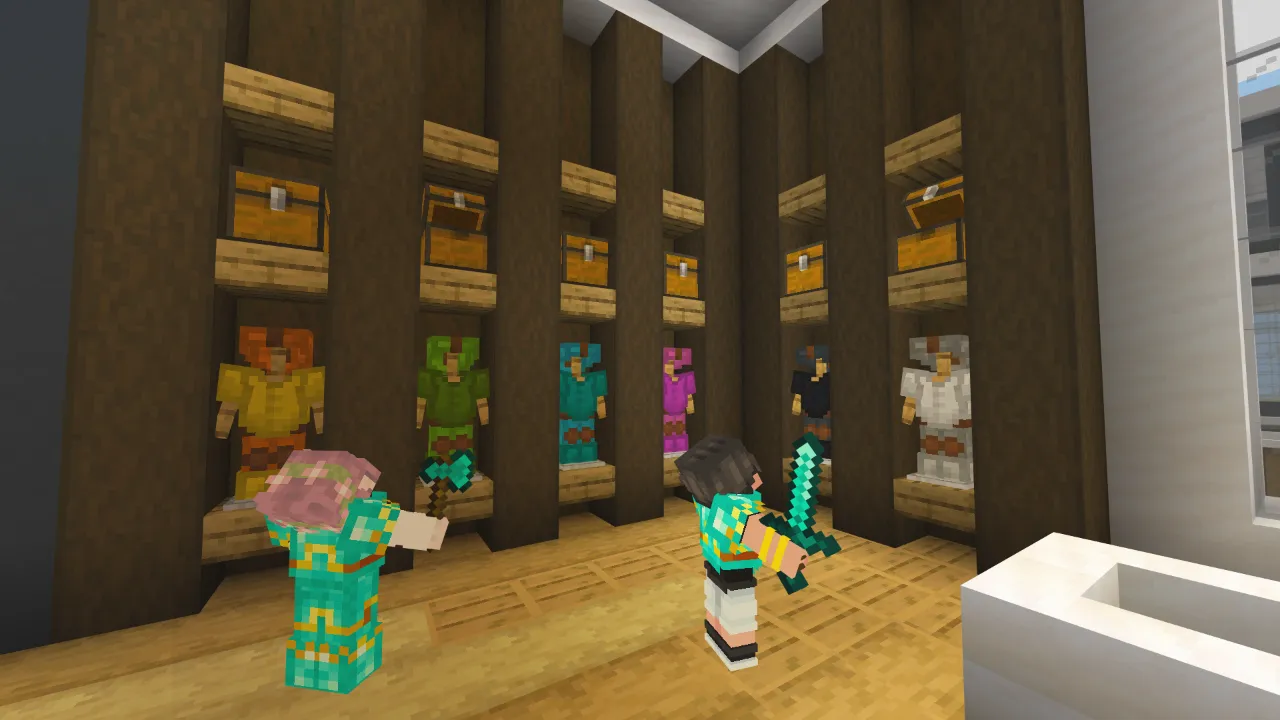 Wine cellar room with wooden shelving inside the mansion in Minecraft Bedrock.
