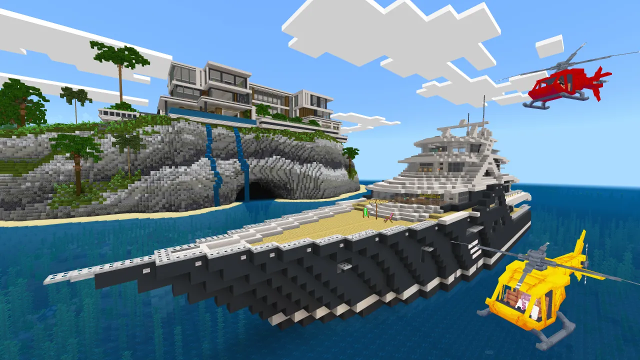 Yacht and helicopter docked at the mansion with a helicopter flying overhead in Minecraft Bedrock.