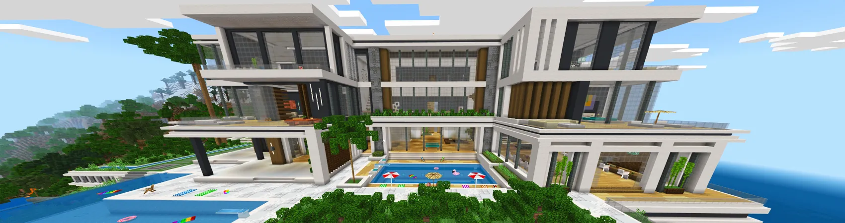 Full exterior view of the realistic modern mansion with pool and palm trees in Minecraft Bedrock.