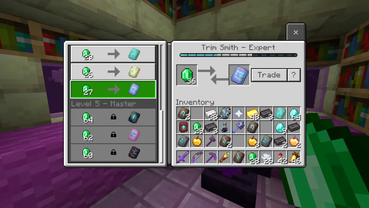 Trim Smith villager trading custom armor trims for emeralds