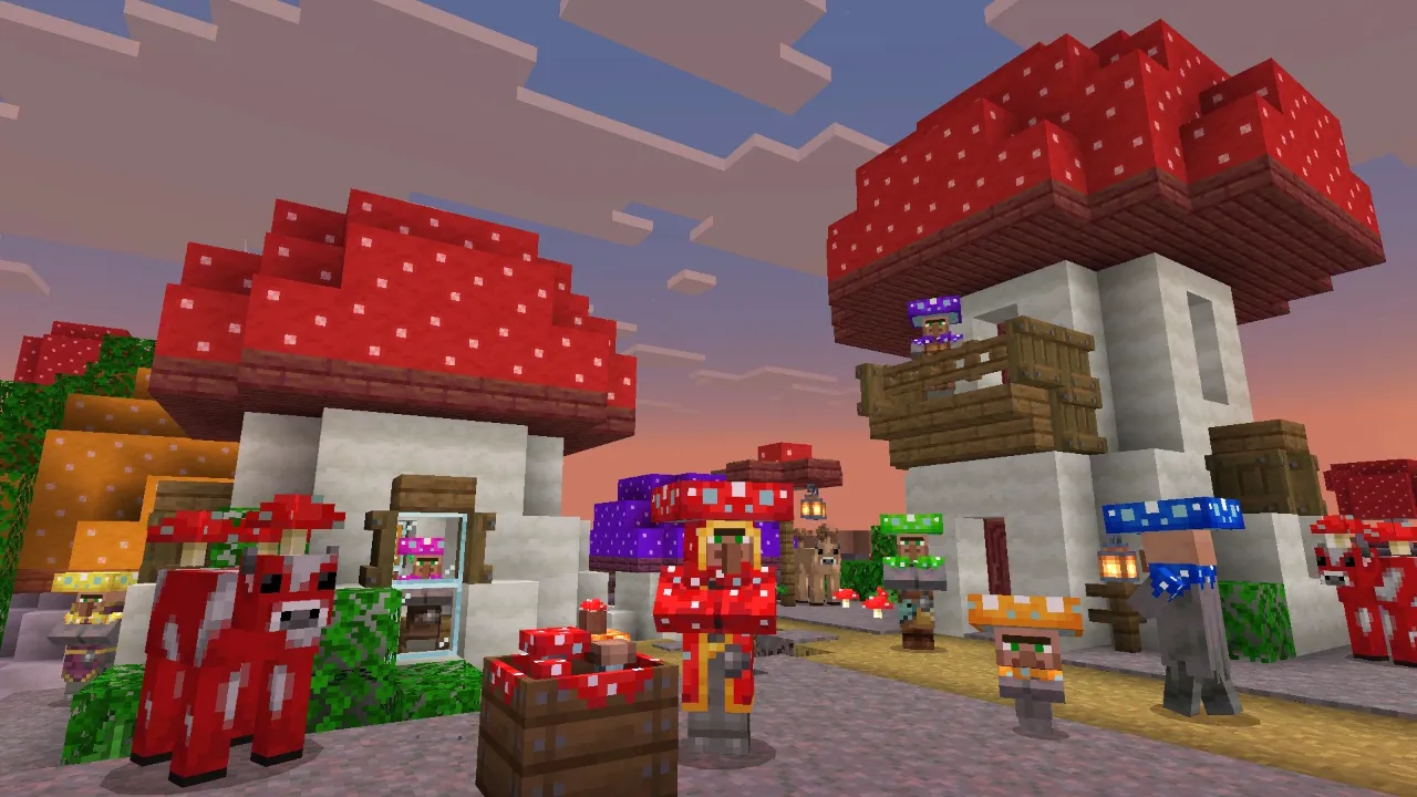 Mushroom village with custom villagers and mooshrooms at sunset