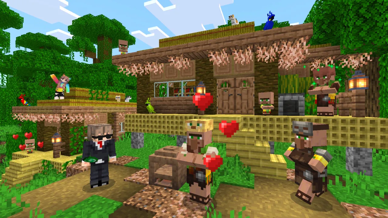 Jungle village with custom villagers, bamboo houses and animals