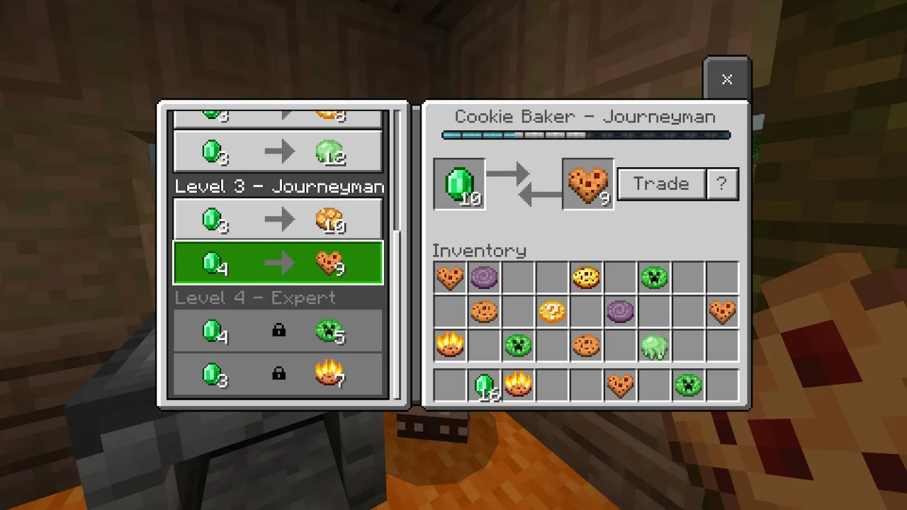Cookie Baker villager trading custom cookies for emeralds