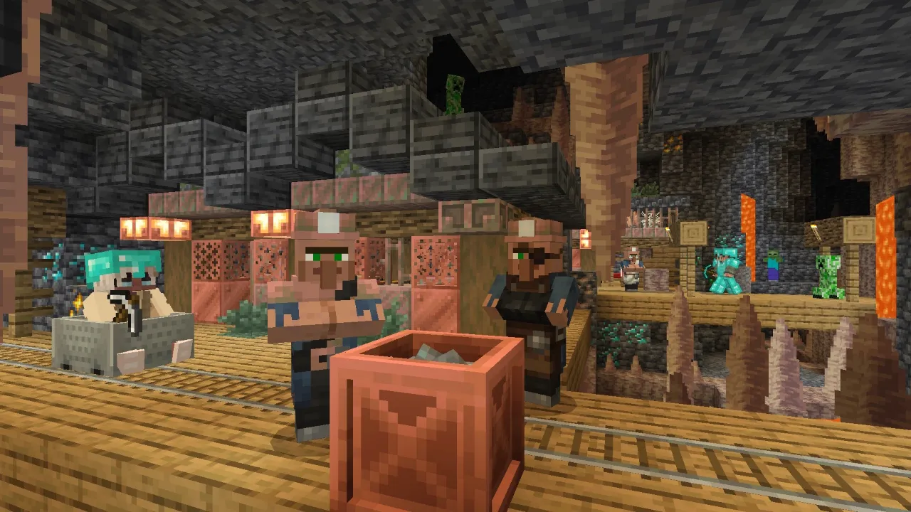 Underground cave village with miners and minecarts