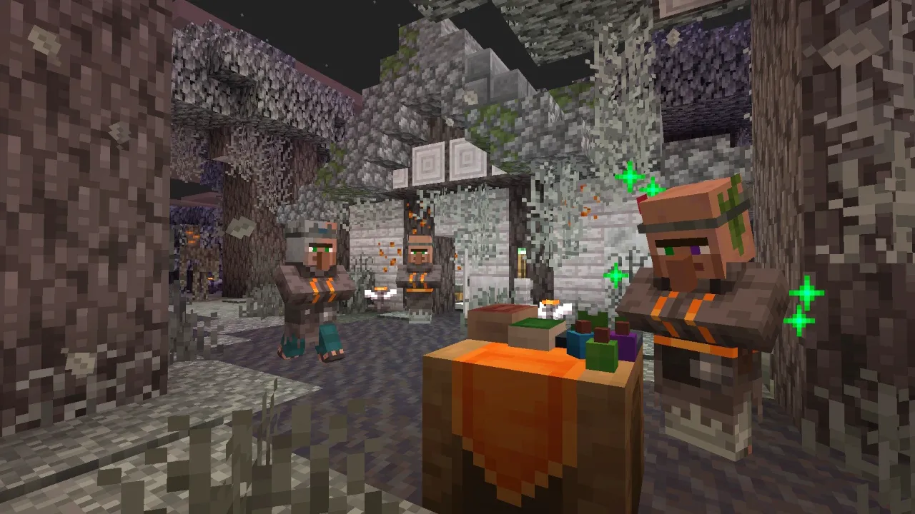 Pale Garden village with custom villagers and a decorated market stall