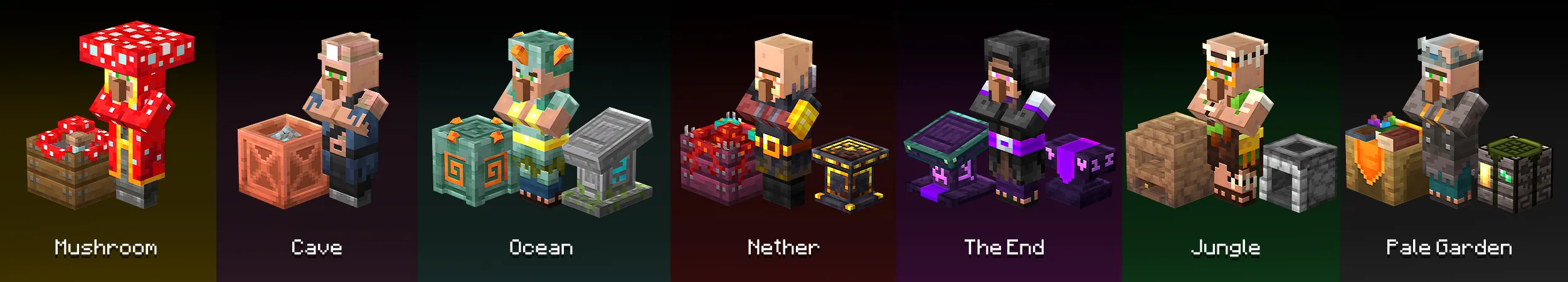 Villagers and workstations for the Mushroom, Cave, Ocean, Nether, The End, Jungle and Pale Garden villages